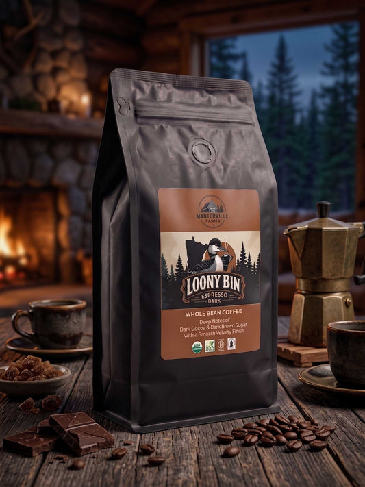 Loony Bin Organic Espresso dark roast coffee bag from Mantorville Farms