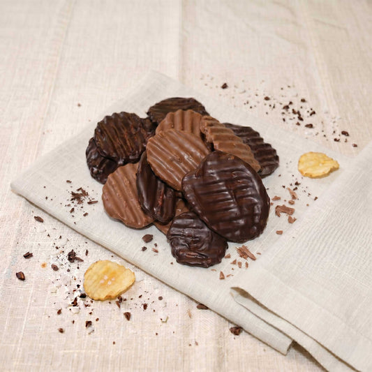 Mantorville Farms chocolate covered potato chips in 8 oz package