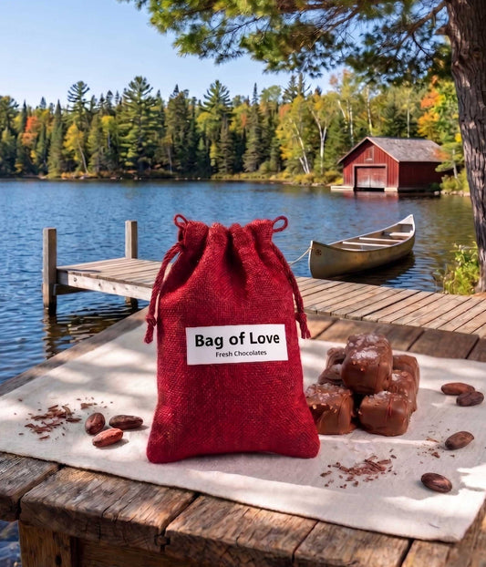 Red Bag of Love filled with handcrafted chocolates