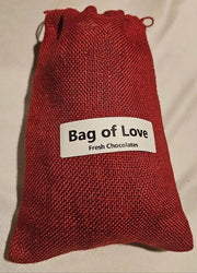 Red burlap chocolate gift bag from Mantorville Farms